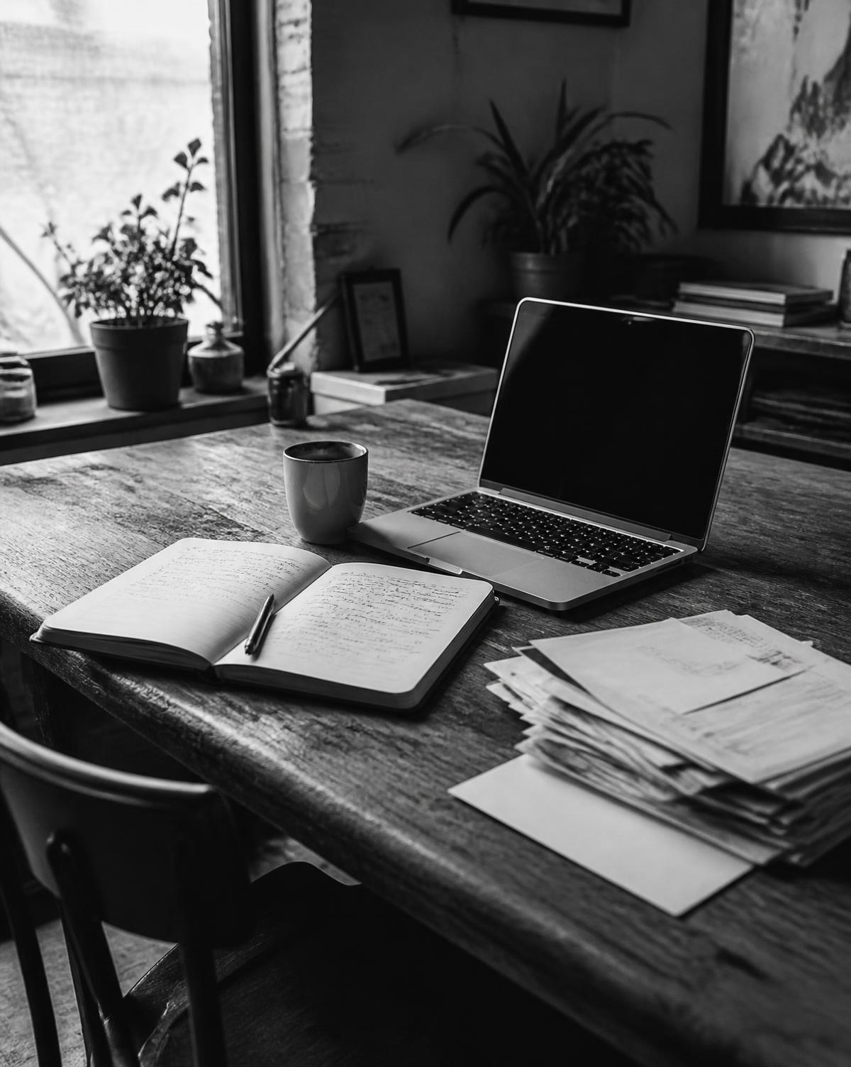 Matt Faix's working desk: laptop, handwritten notebook, and paperwork from running a small business